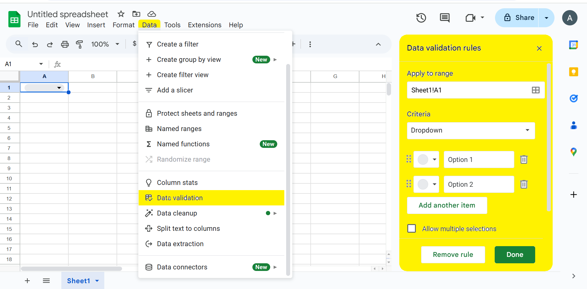 data validation in google sheets